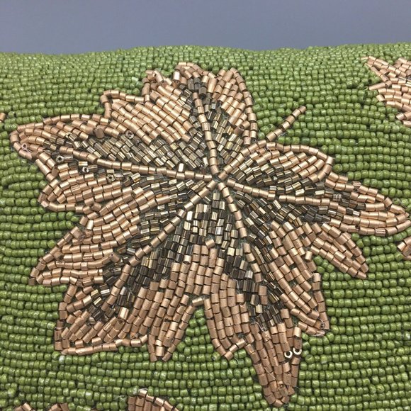 Autumn Hill Beaded Green Gold Fall Maple Leaf Lumbar Pillow Fall Decor 12x16 - Picture 5 of 8